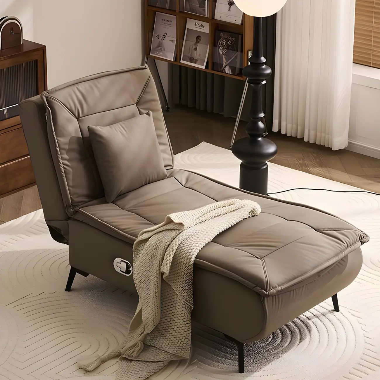 Beige Tech Cloth Armless Chaise Lounge with Adjustable Reclining Image - 1 | homeyfad