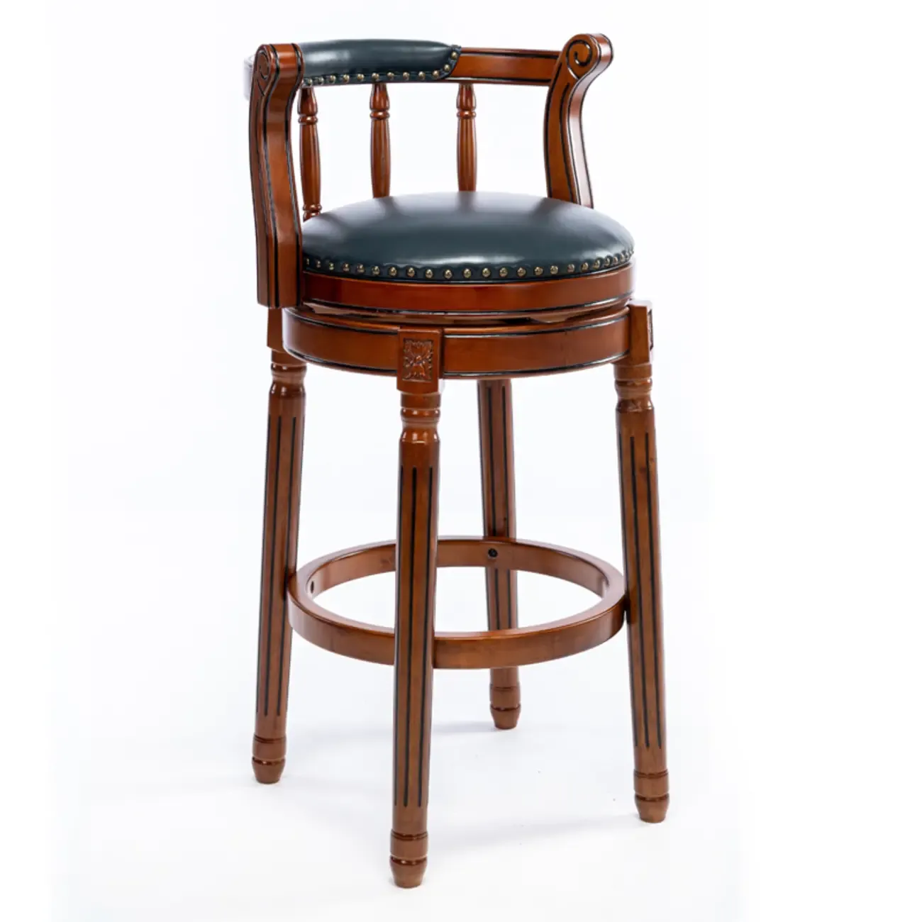 Swivel Counter Height Bar Stools in Genuine Leather & Walnut Solid Wood Image - 7