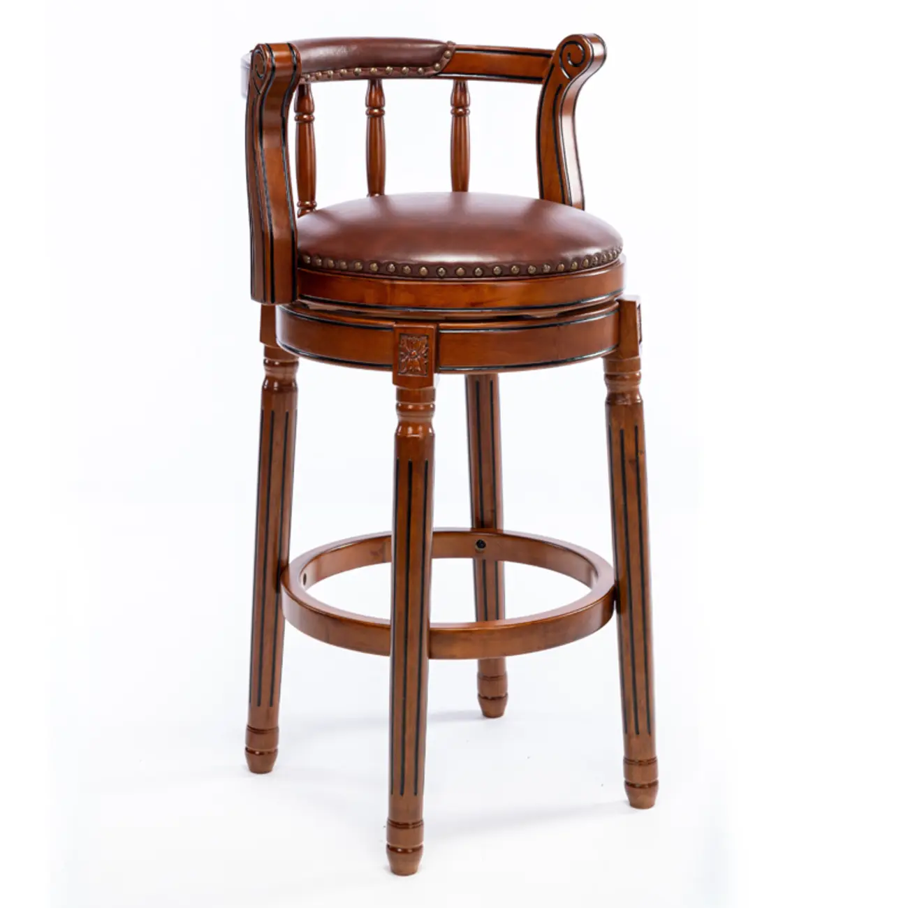 Swivel Counter Height Bar Stools in Genuine Leather & Walnut Solid Wood Image - 8 | homeyfad