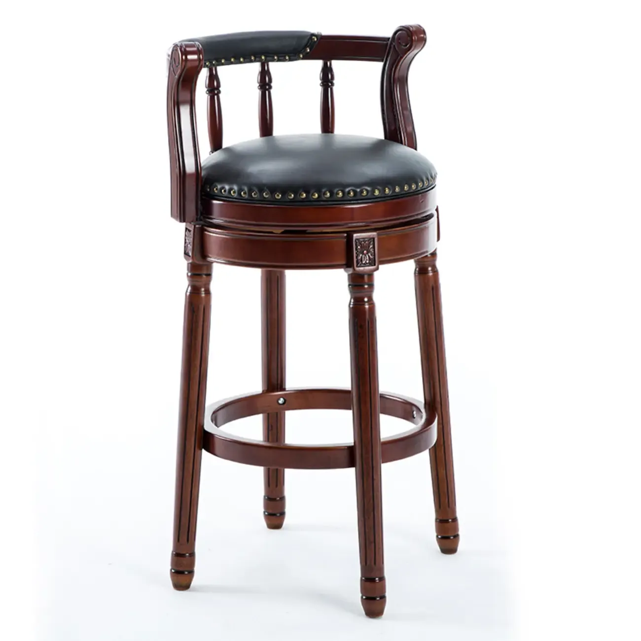 Swivel Counter Height Bar Stools in Genuine Leather & Walnut Solid Wood Image - 12