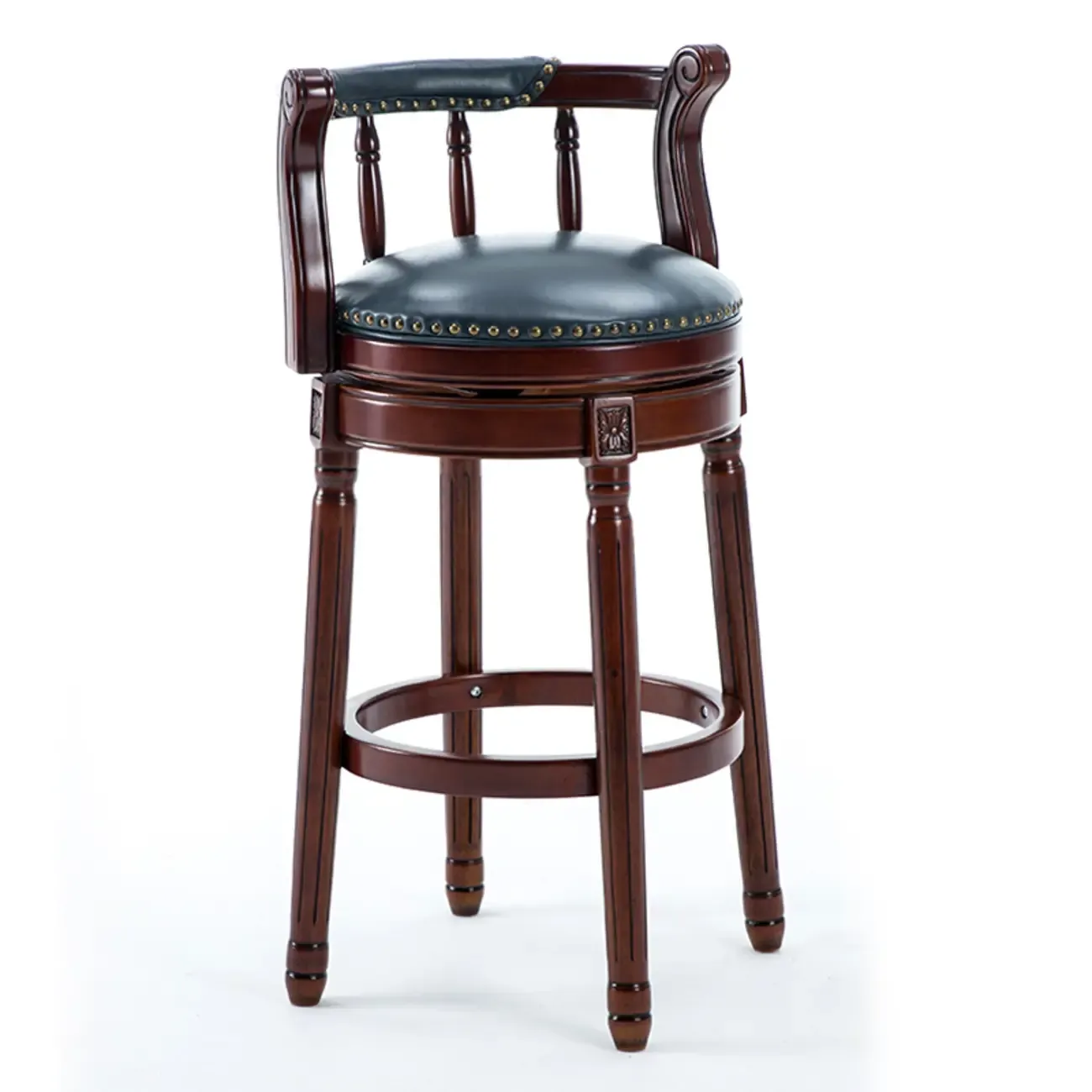 Swivel Counter Height Bar Stools in Genuine Leather & Walnut Solid Wood Image - 13