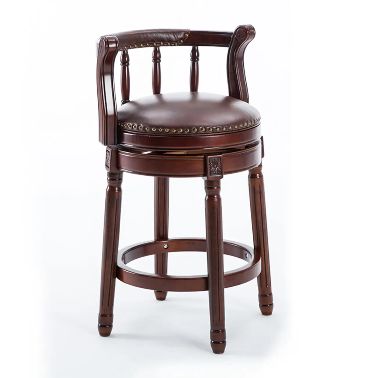 Swivel Counter Height Bar Stools in Genuine Leather & Walnut Solid Wood Image - 20 | homeyfad