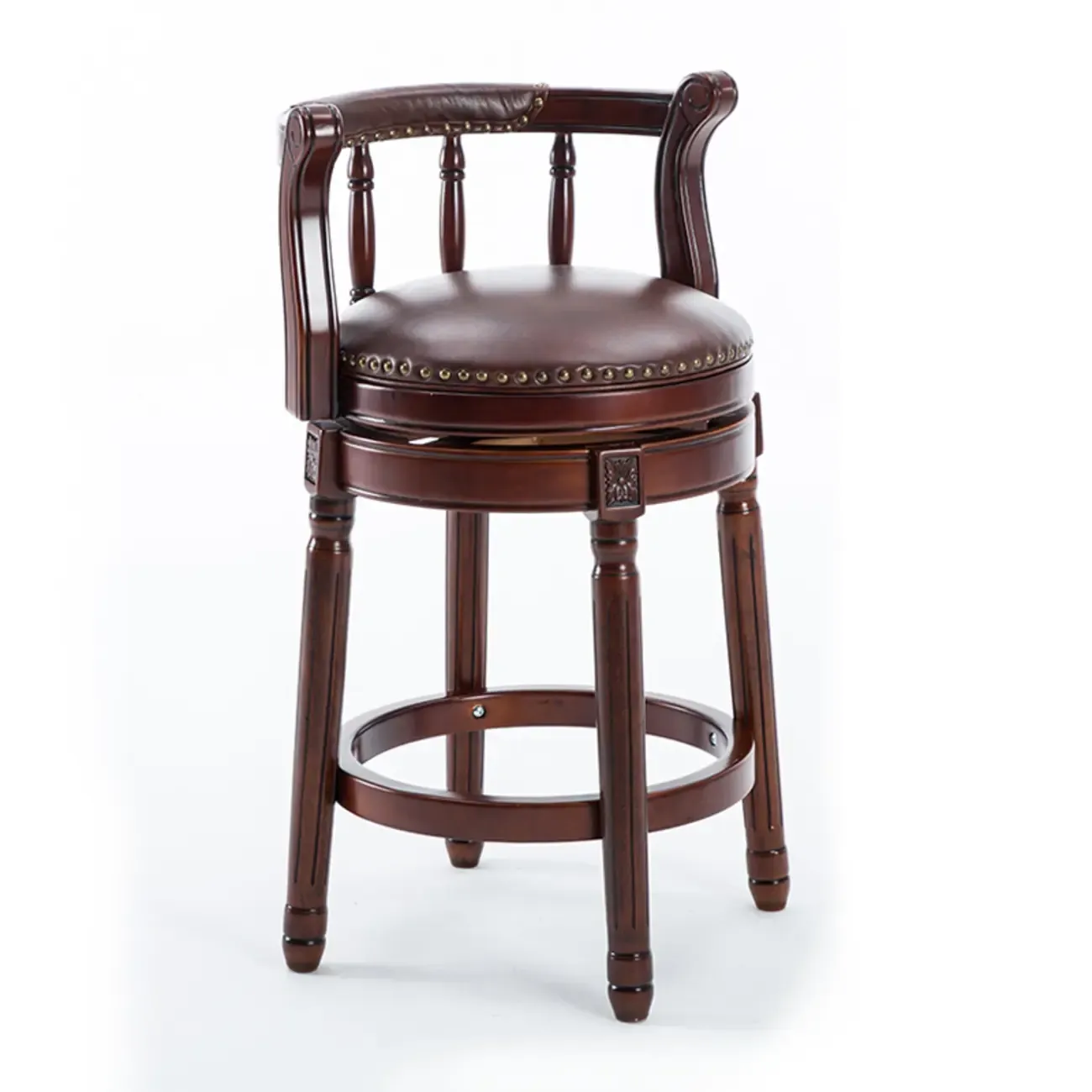 Swivel Counter Height Bar Stools in Genuine Leather & Walnut Solid Wood | HomeyFad