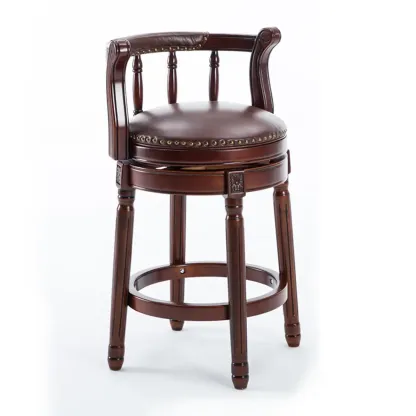 Swivel Counter Height Bar Stools in Genuine Leather & Walnut Solid Wood Image - 20