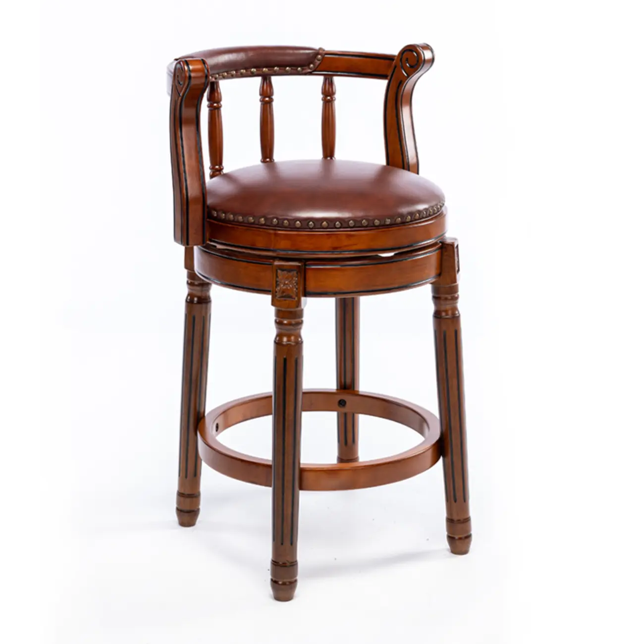 Swivel Counter Height Bar Stools in Genuine Leather & Walnut Solid Wood Image - 26 | homeyfad