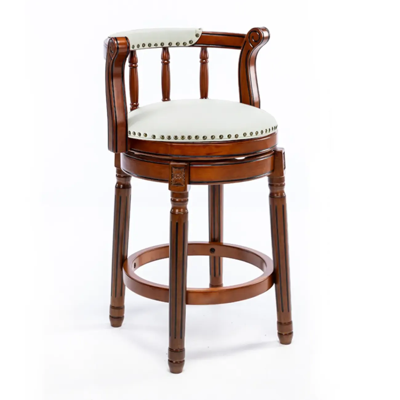 Swivel Counter Height Bar Stools in Genuine Leather & Walnut Solid Wood Image - 29