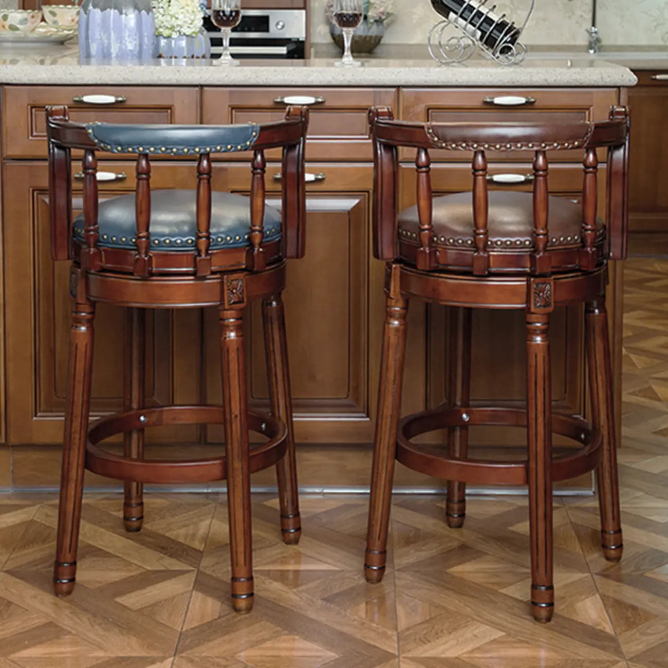 Swivel Counter Height Bar Stools in Genuine Leather & Walnut Solid Wood Image - 1 | homeyfad