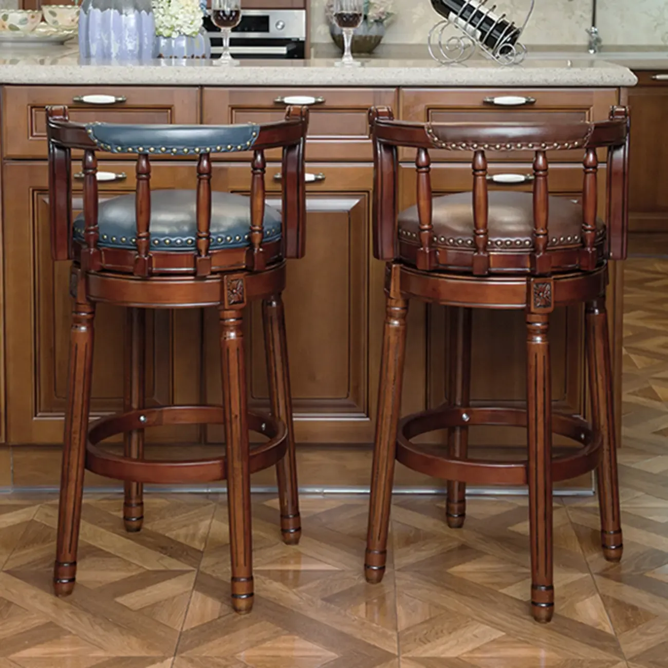 Swivel Counter Height Bar Stools in Genuine Leather & Walnut Solid Wood Image - 1