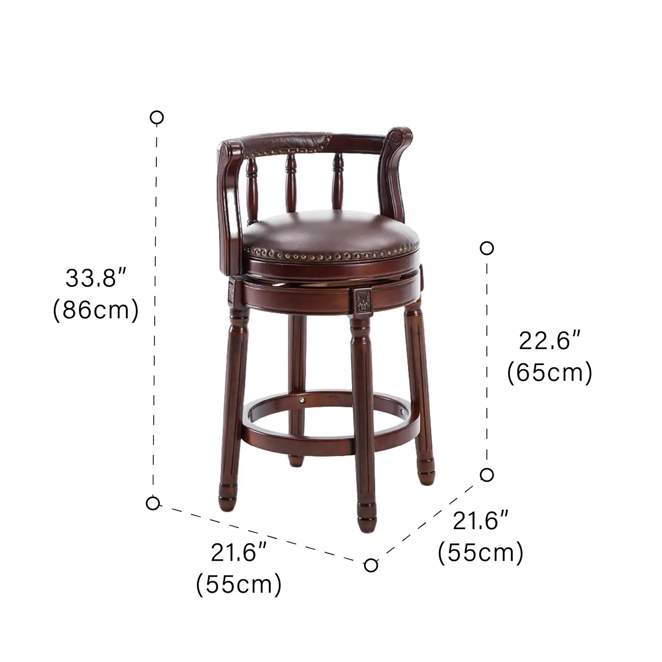 Swivel Counter Height Bar Stools in Genuine Leather & Walnut Solid Wood #size | homeyfad