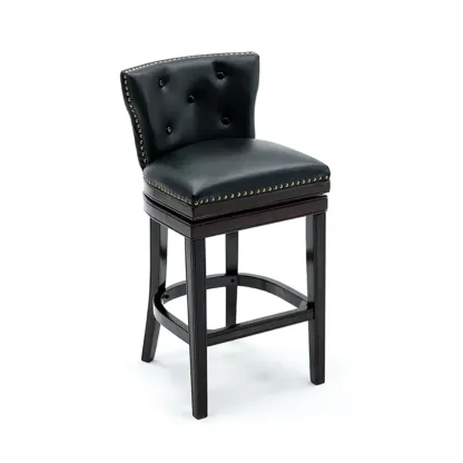 Solid Wood Genuine Leather Swivel Bar Stool Image - 2