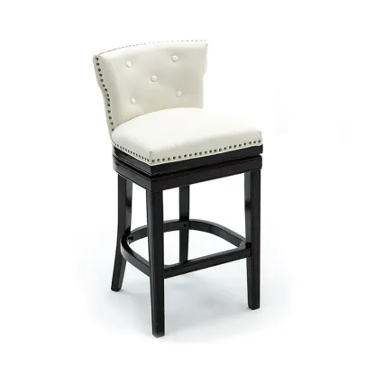 Solid Wood Genuine Leather Swivel Bar Stool Image - 6