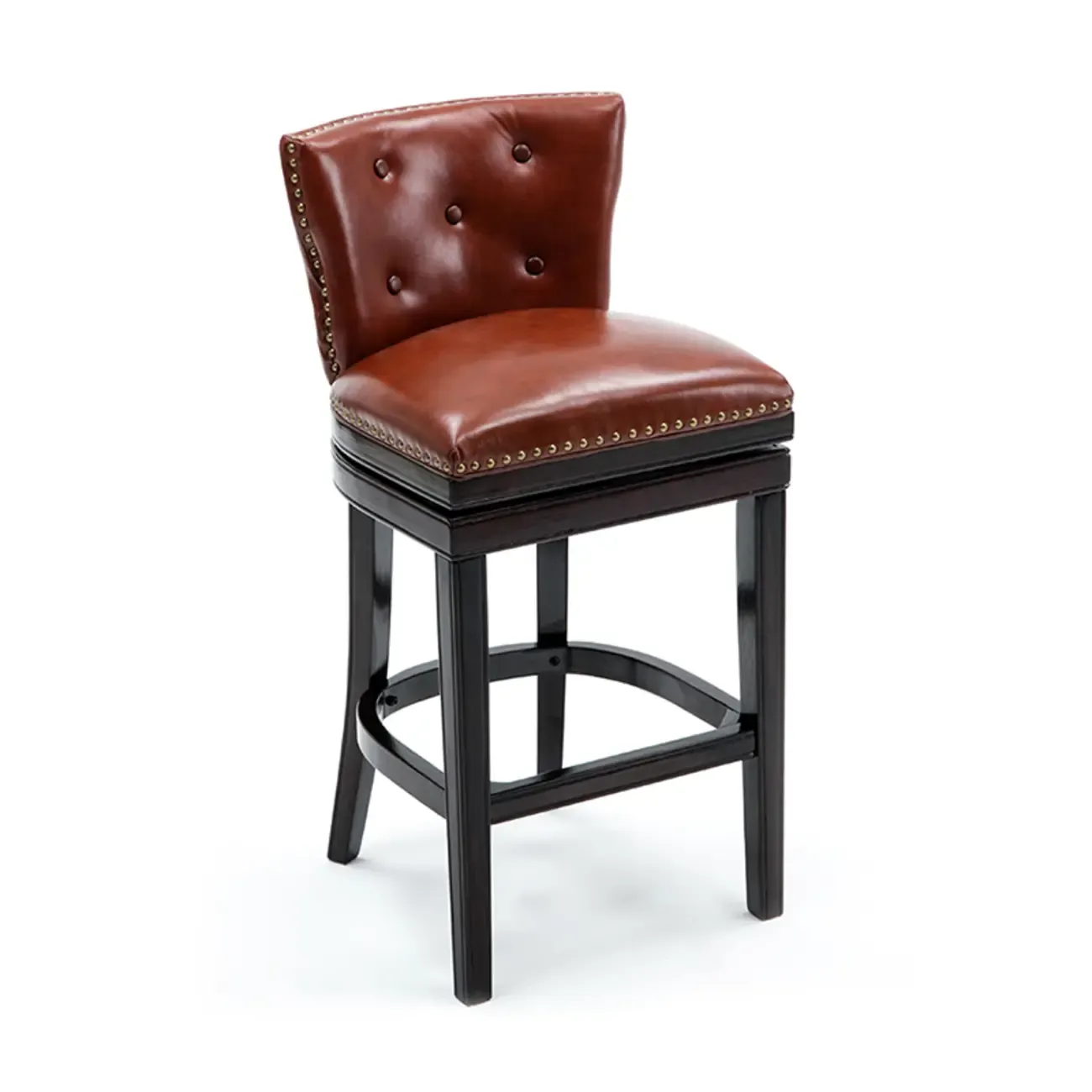 Solid Wood Genuine Leather Swivel Bar Stool Image - 8