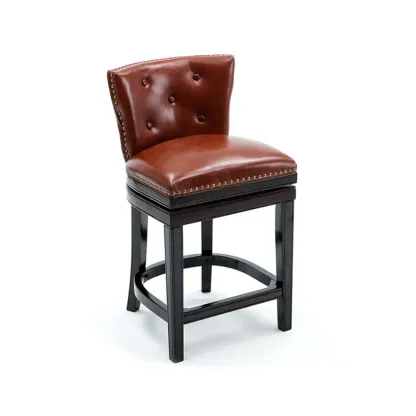 Solid Wood Genuine Leather Swivel Bar Stool Image - 14