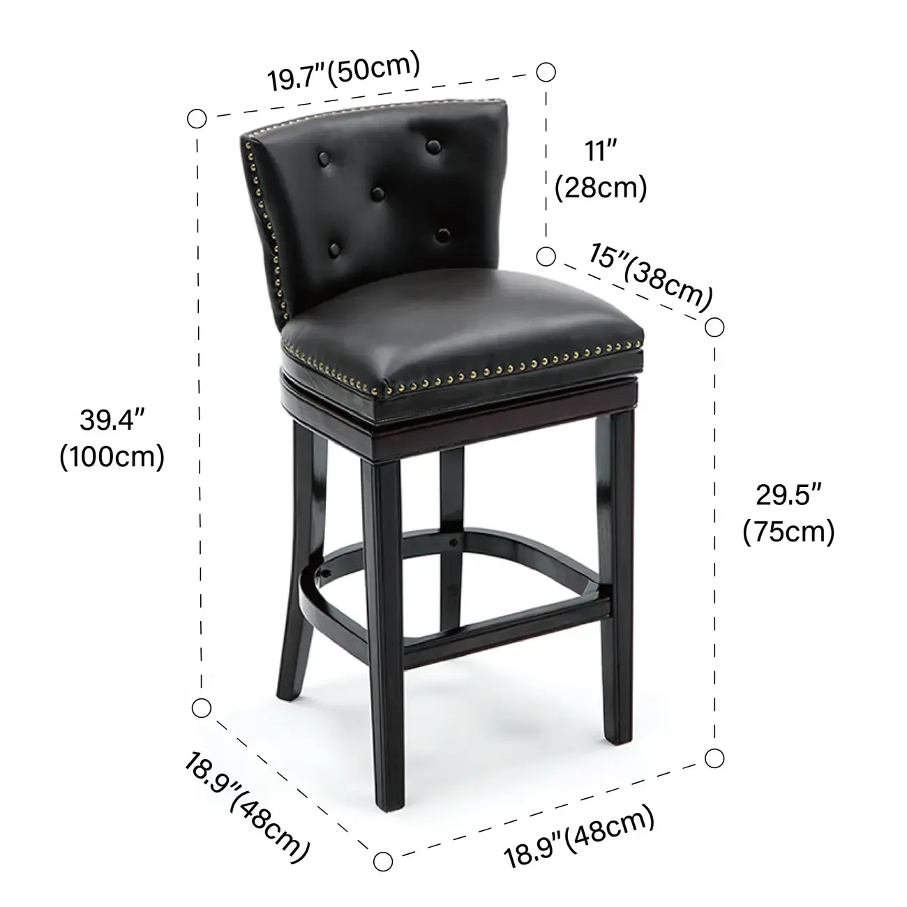 Solid Wood Genuine Leather Swivel Bar Stool #size