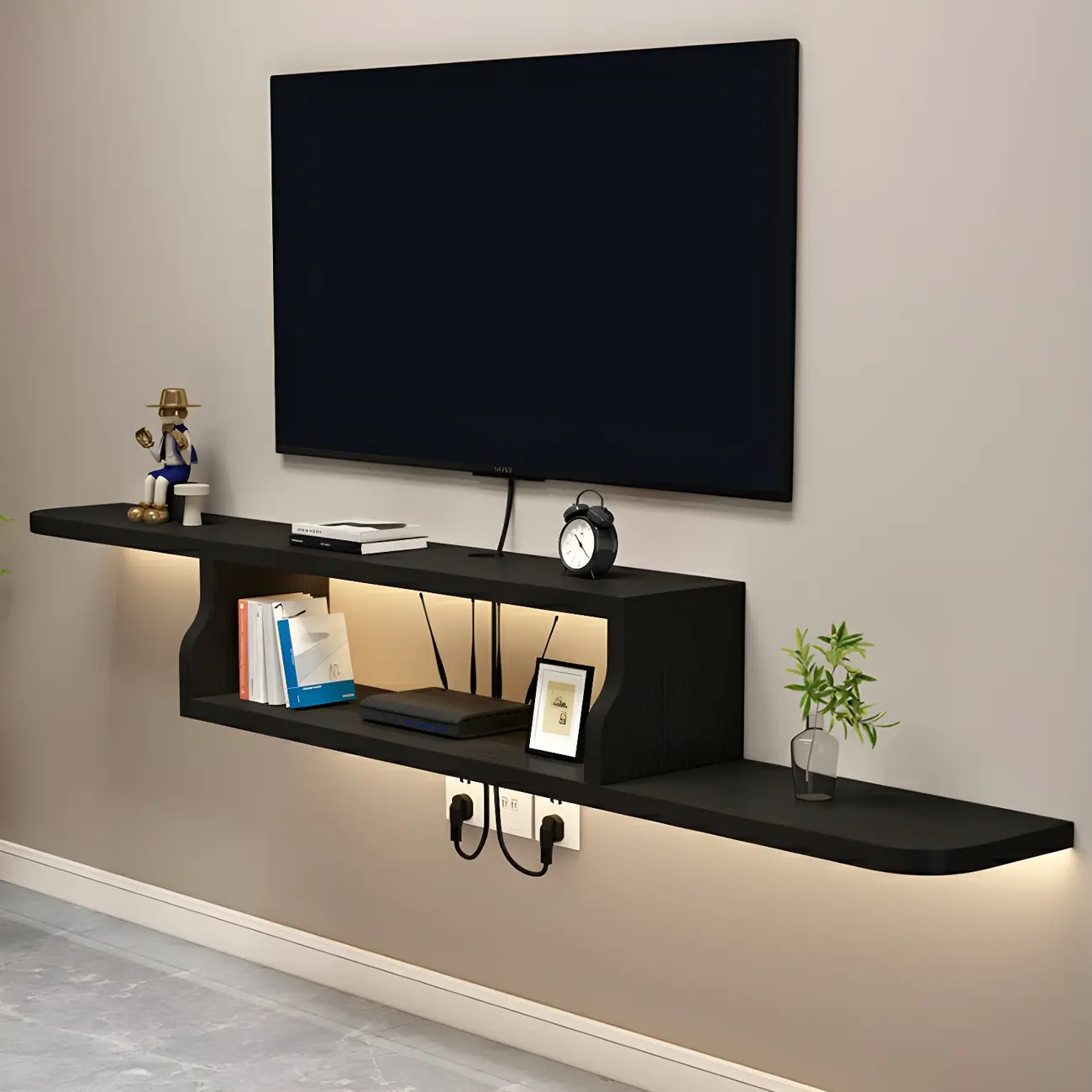Modern Wooden Floating TV Stand with Open Shelves for Home Image - 2 | homeyfad