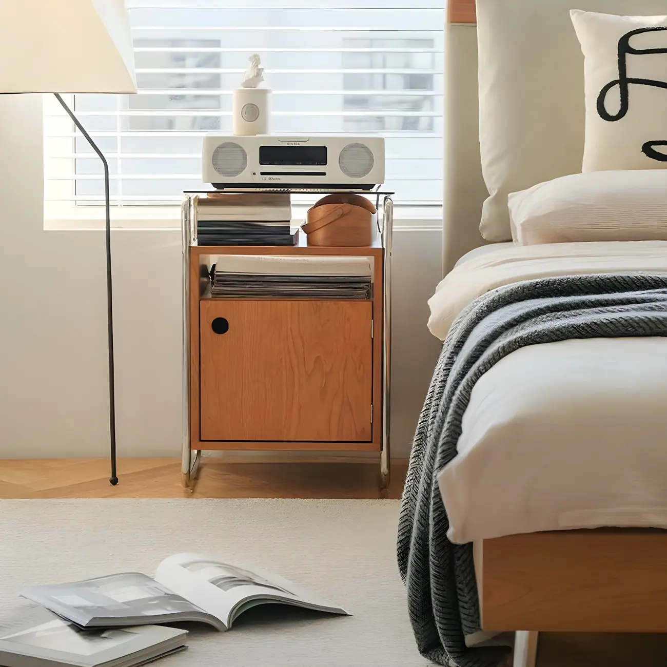 Natural Finish Narrow Glass-Top Light Wood Nightstand Image - 1 | homeyfad