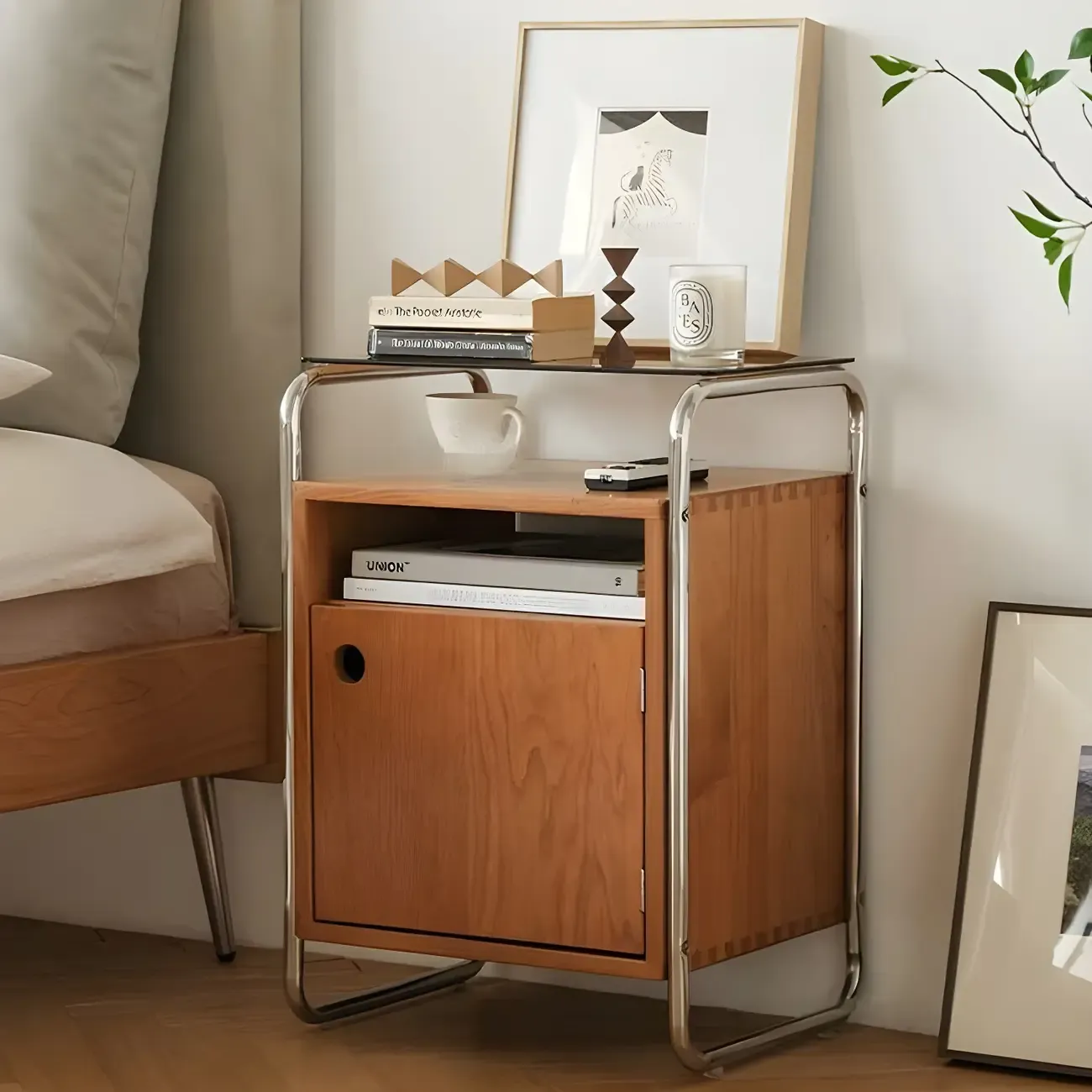 Natural Finish Narrow Glass-Top Light Wood Nightstand Image - 2