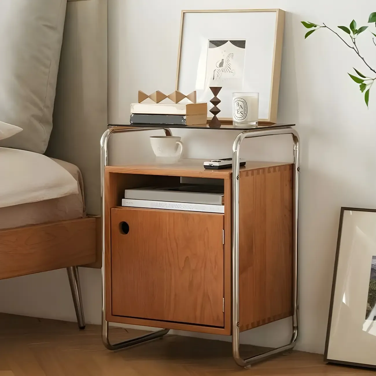 Natural Finish Narrow Glass-Top Light Wood Nightstand Image - 3