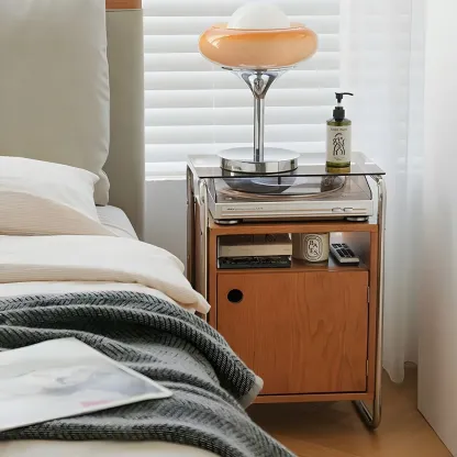 Natural Finish Narrow Glass-Top Light Wood Nightstand Image - 5