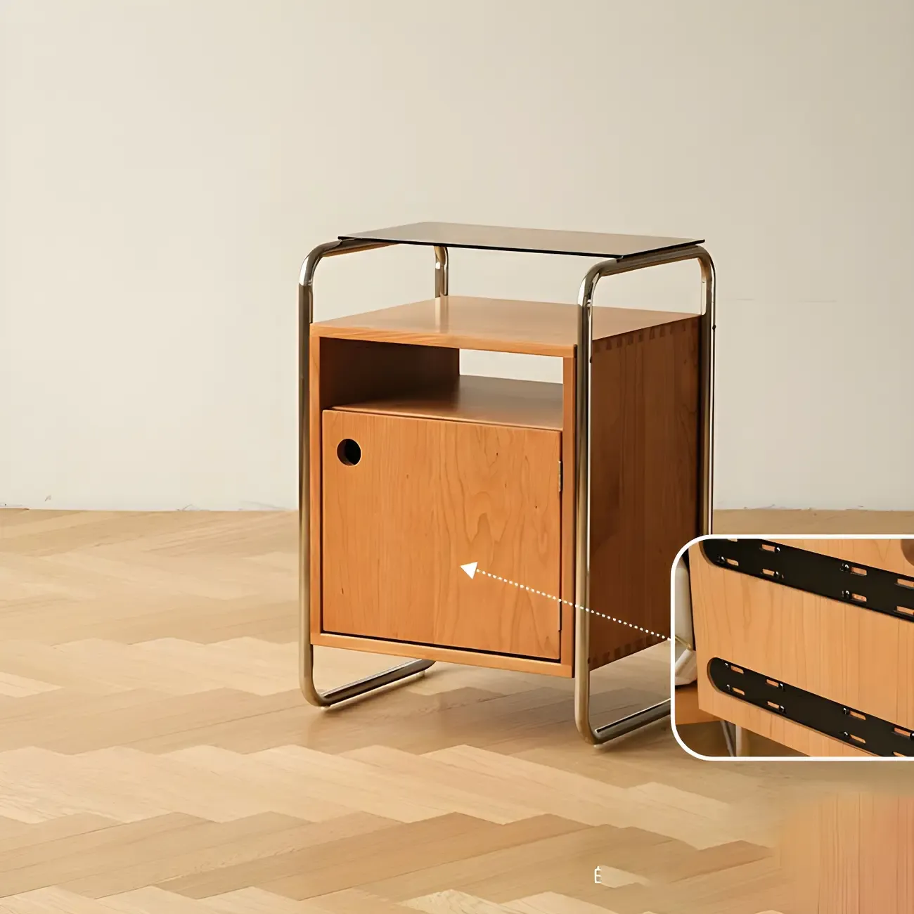 Natural Finish Narrow Glass-Top Light Wood Nightstand Image - 6