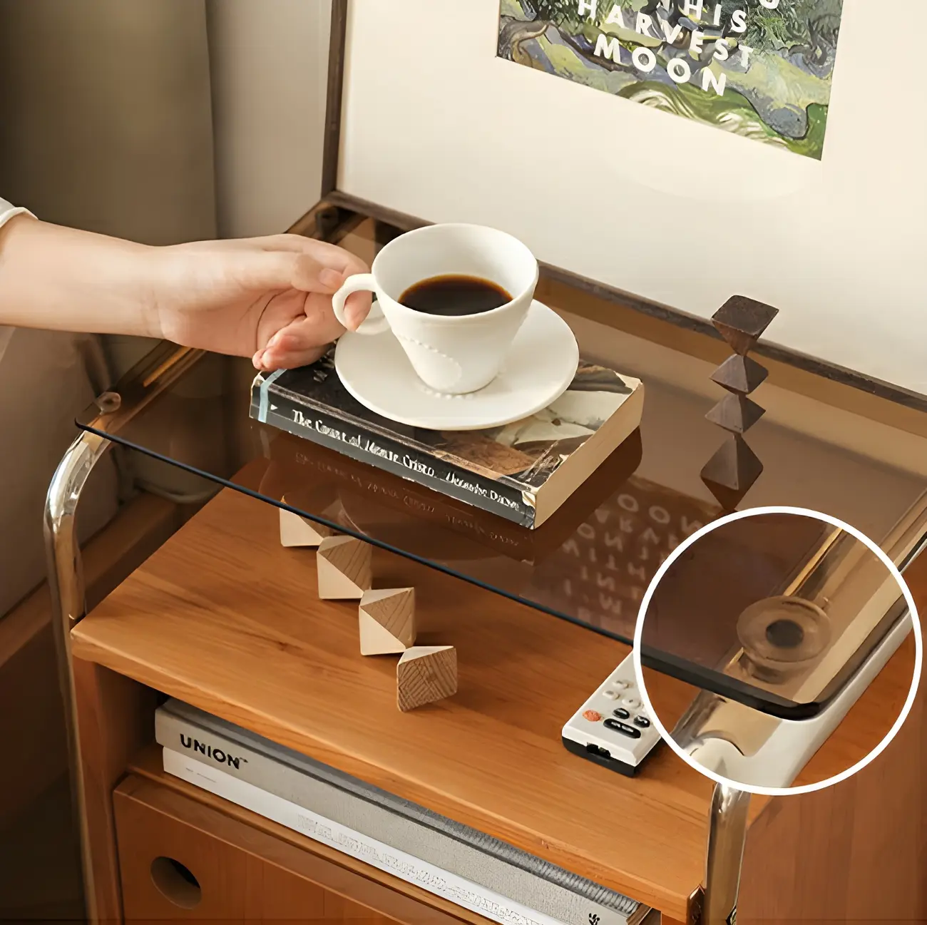 Natural Finish Narrow Glass-Top Light Wood Nightstand Image - 7 | homeyfad