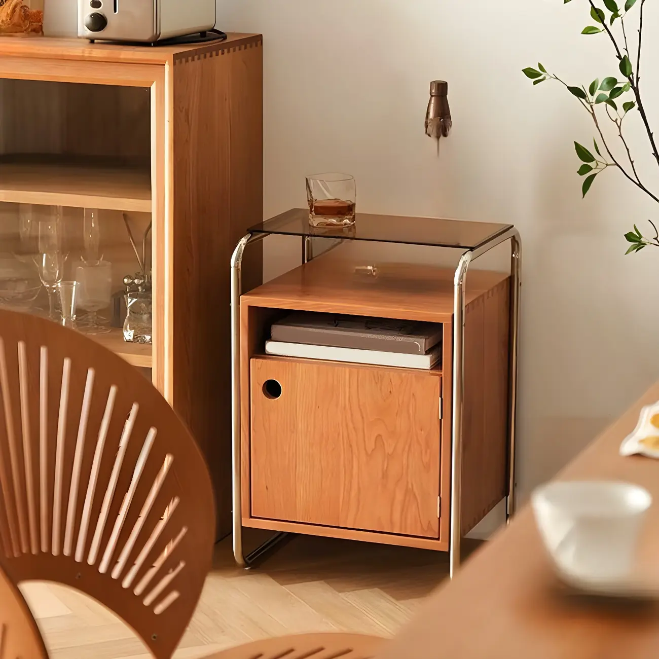 Natural Finish Narrow Glass-Top Light Wood Nightstand Image - 10 | homeyfad