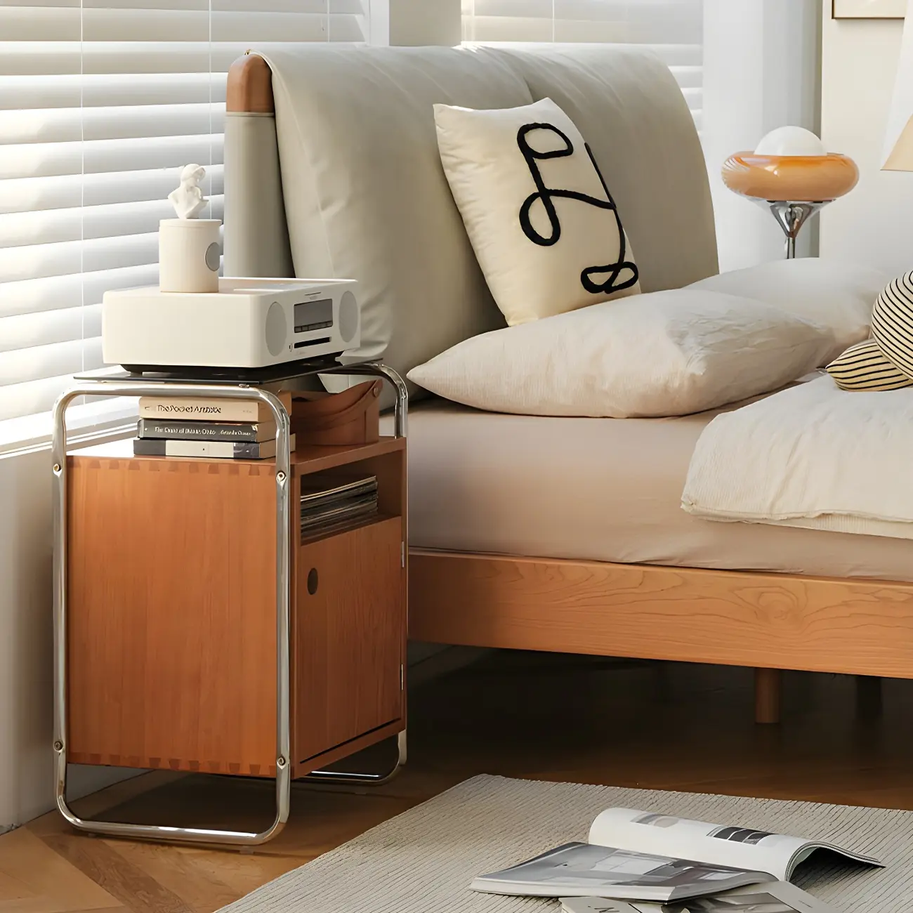 Natural Finish Narrow Glass-Top Light Wood Nightstand Image - 11 | homeyfad