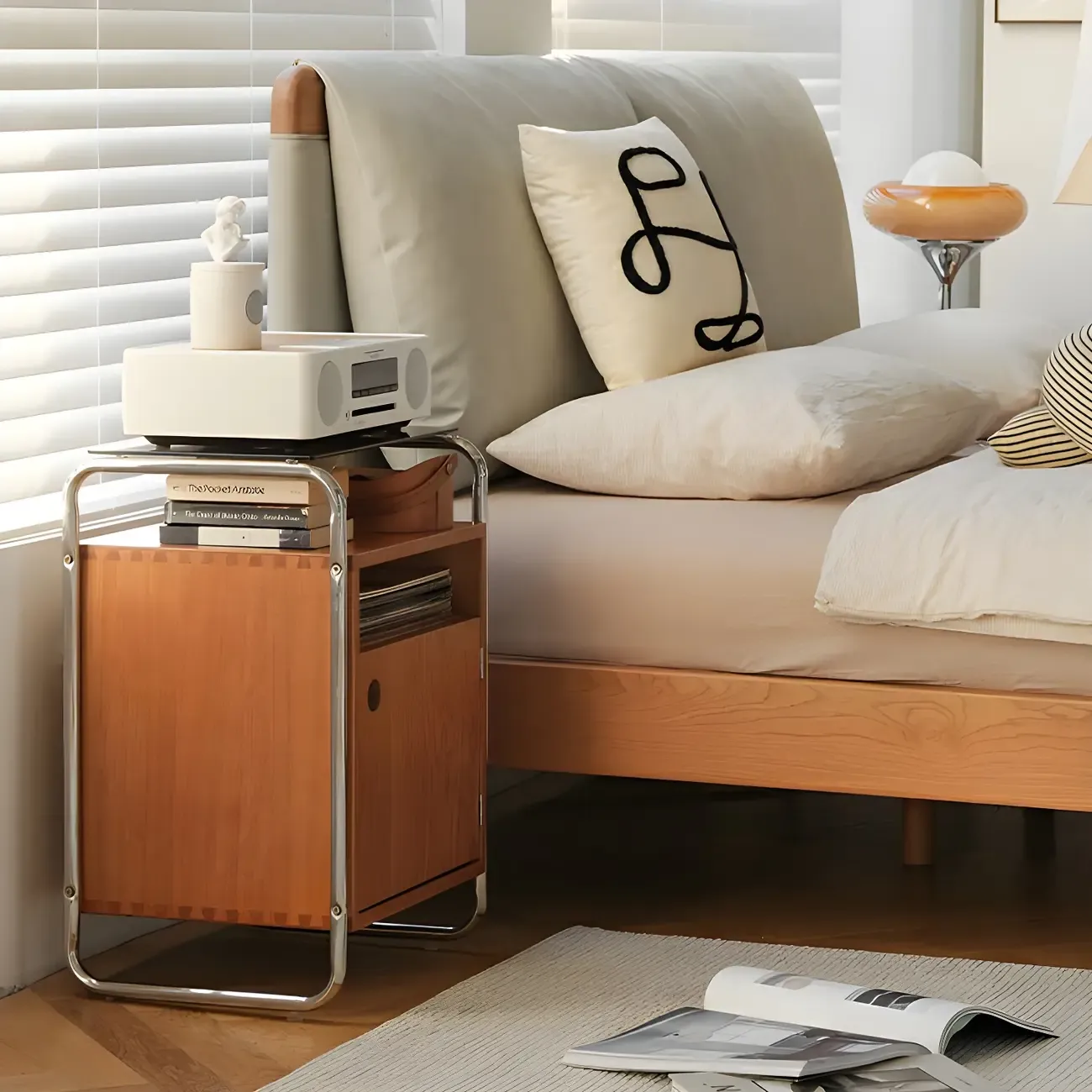 Natural Finish Narrow Glass-Top Light Wood Nightstand Image - 11