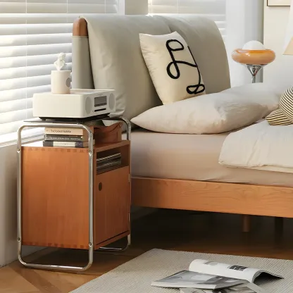 Natural Finish Narrow Glass-Top Light Wood Nightstand Image - 11