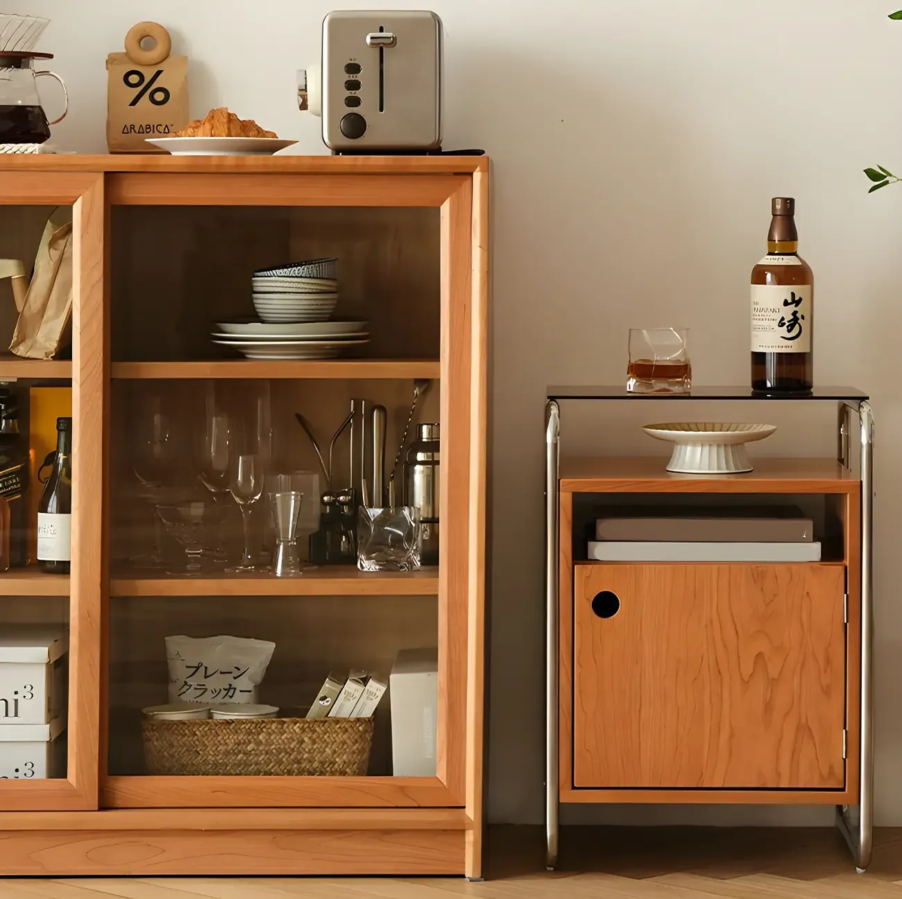 Natural Finish Narrow Glass-Top Light Wood Nightstand Image - 12