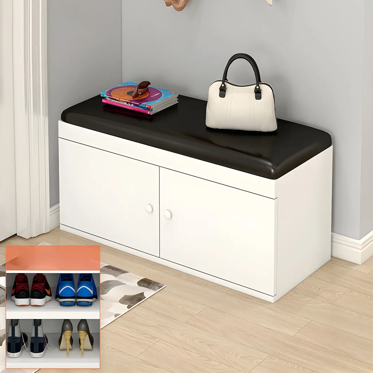 Entryway White Shoe Storage Bench with Cushion Image - 6 | homeyfad