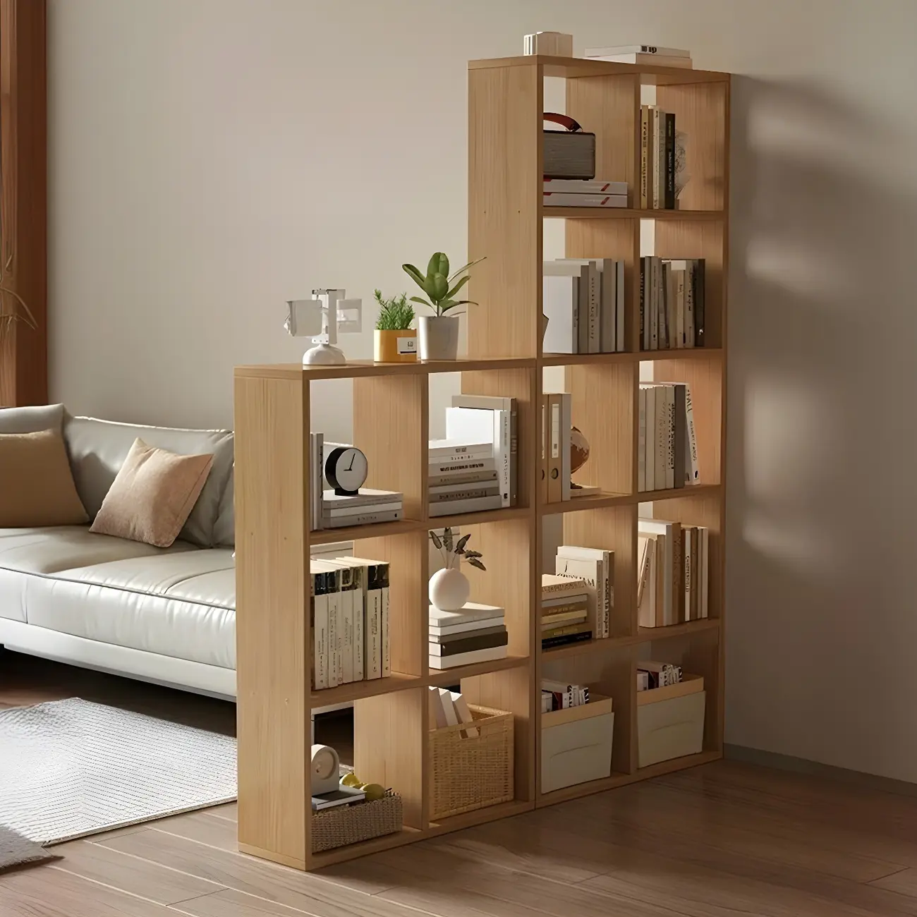 Modern Natural Cube Storage Wood Open Back Bookcase Image - 5 | homeyfad