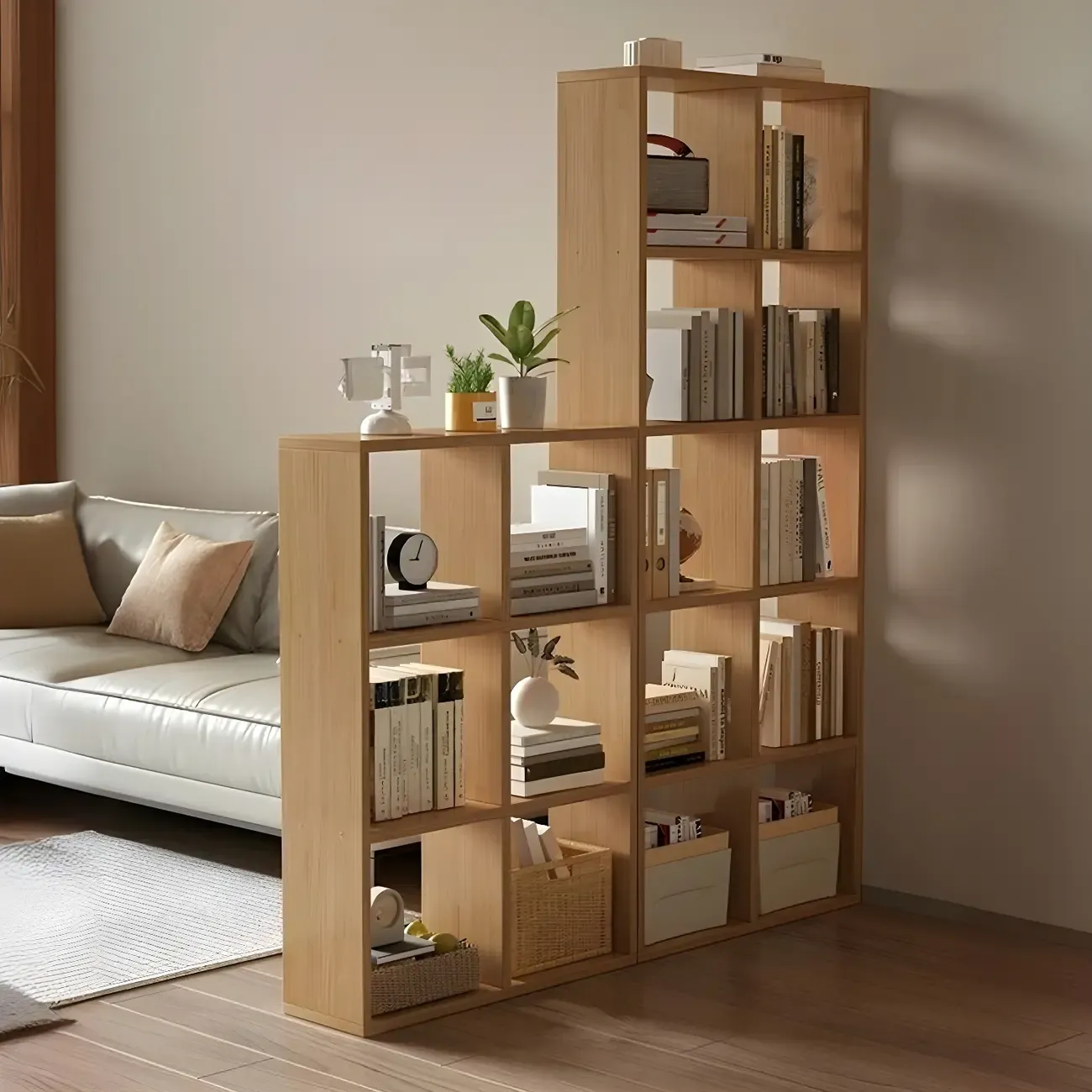 Modern Natural Cube Storage Wood Open Back Bookcase Image - 5