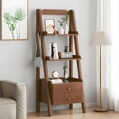 3-Tier Nut-Brown Wood Ladder Open Bookcase with Drawers Image - 1