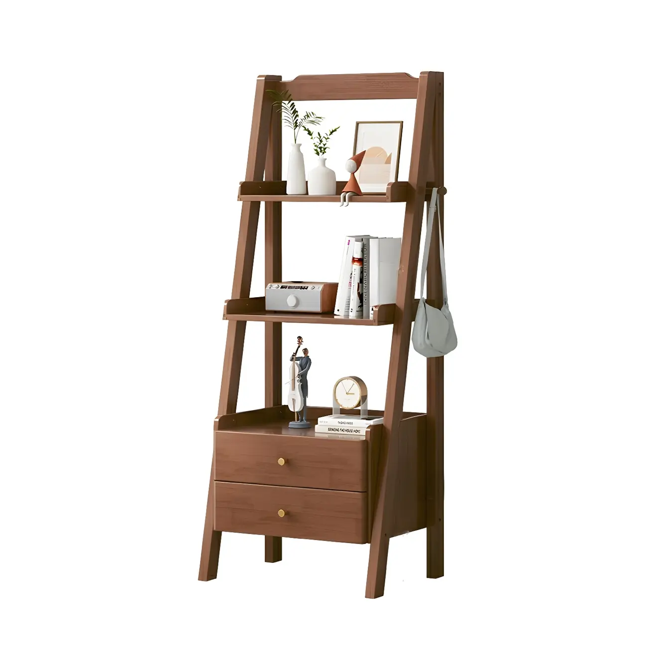 3-Tier Nut-Brown Wood Ladder Open Bookcase with Drawers Image - 3 | homeyfad