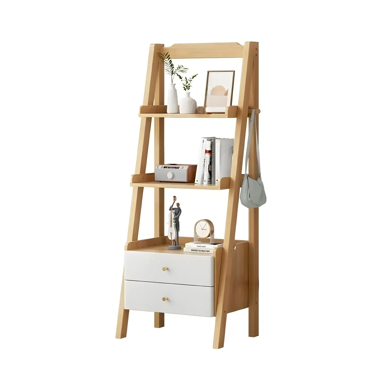 3-Tier Nut-Brown Wood Ladder Open Bookcase with Drawers Image - 4