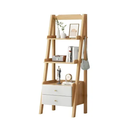3-Tier Nut-Brown Wood Ladder Open Bookcase with Drawers Image - 4
