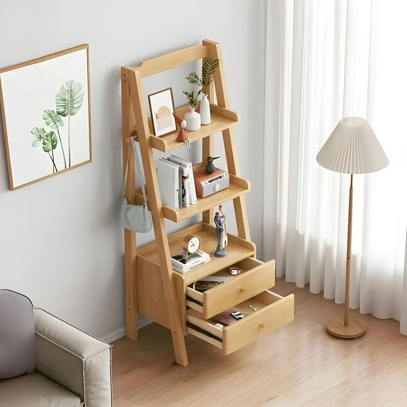 3-Tier Nut-Brown Wood Ladder Open Bookcase with Drawers Image - 5