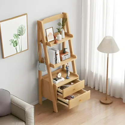 3-Tier Nut-Brown Wood Ladder Open Bookcase with Drawers Image - 5