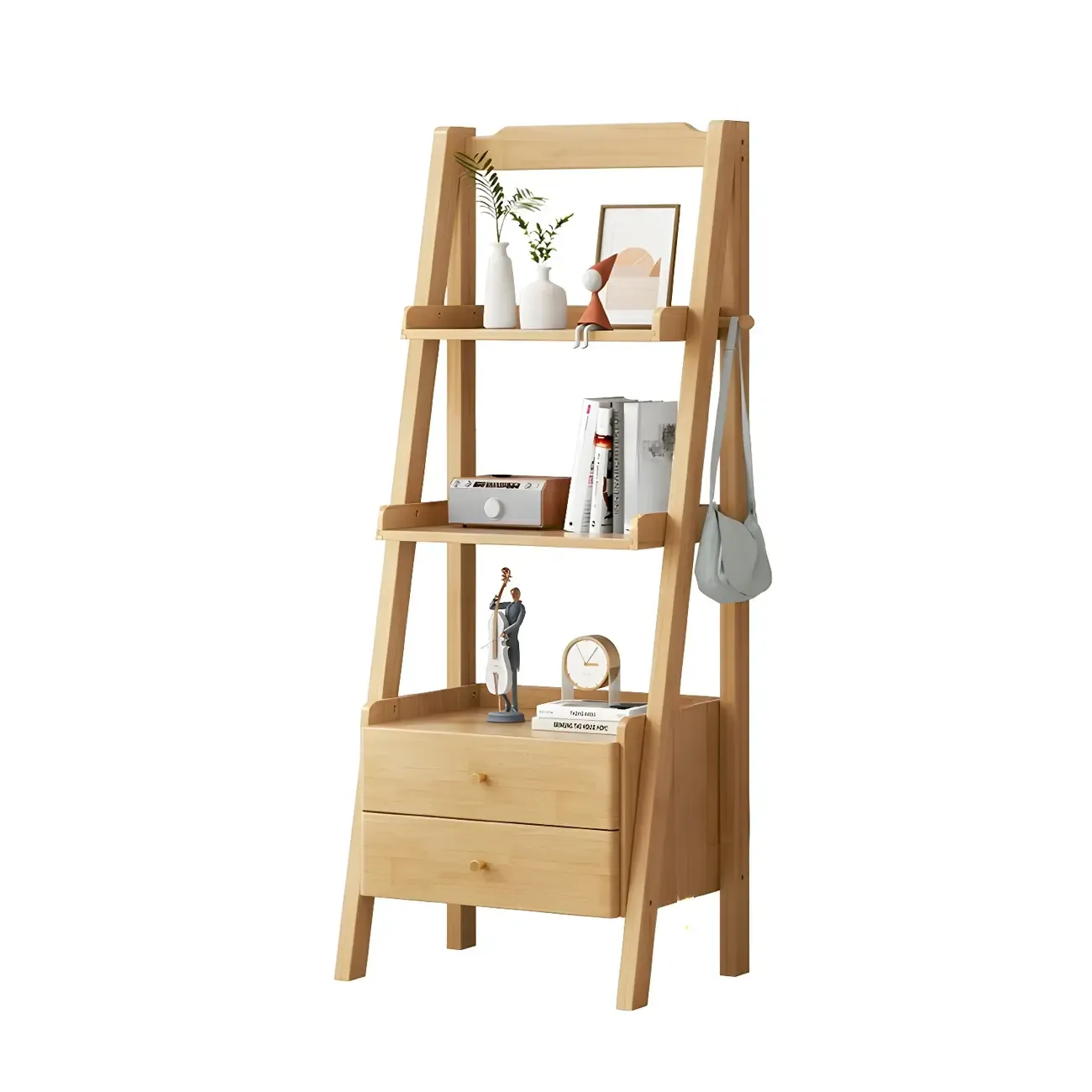 3-Tier Nut-Brown Wood Ladder Open Bookcase with Drawers Image - 6