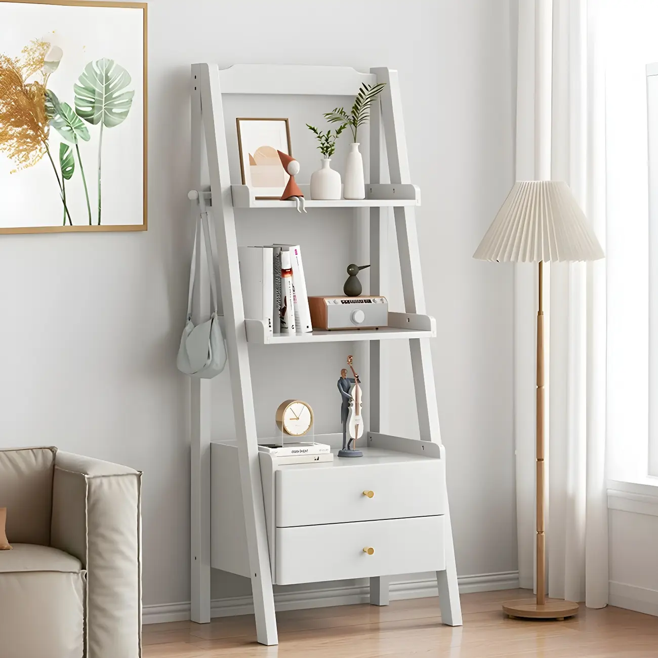 3-Tier Nut-Brown Wood Ladder Open Bookcase with Drawers Image - 2 | homeyfad