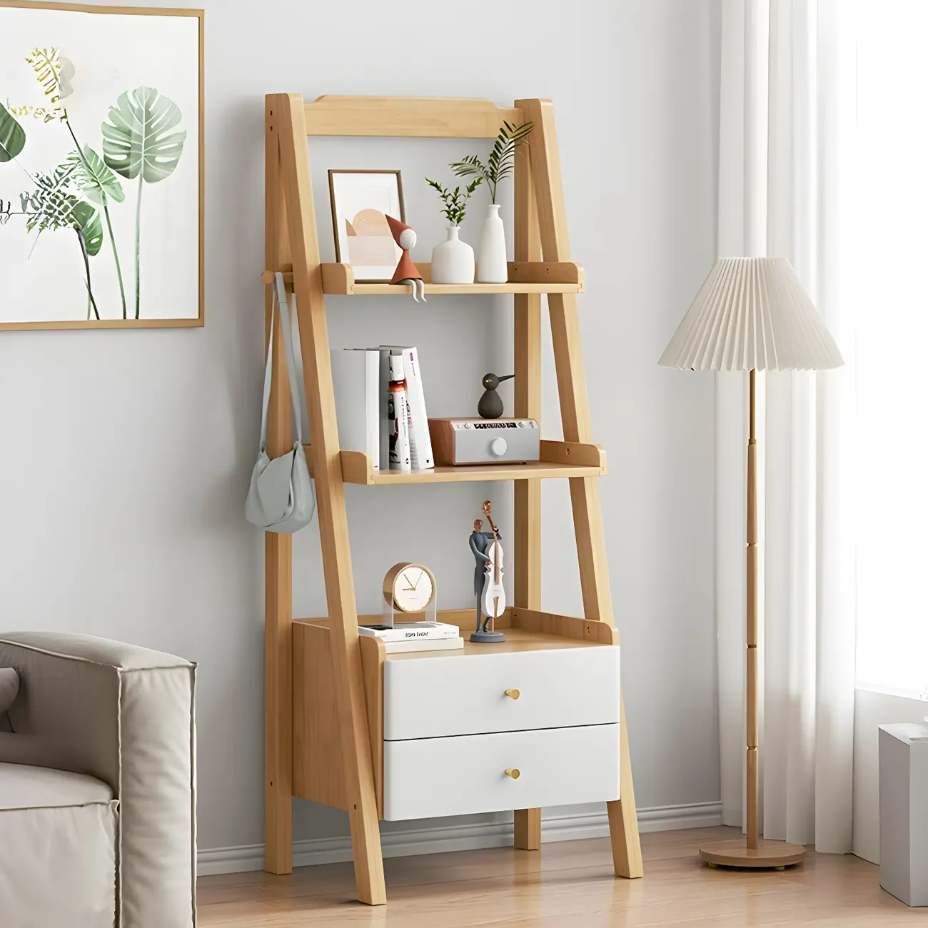 3-Tier Nut-Brown Wood Ladder Open Bookcase with Drawers Image - 7 | homeyfad