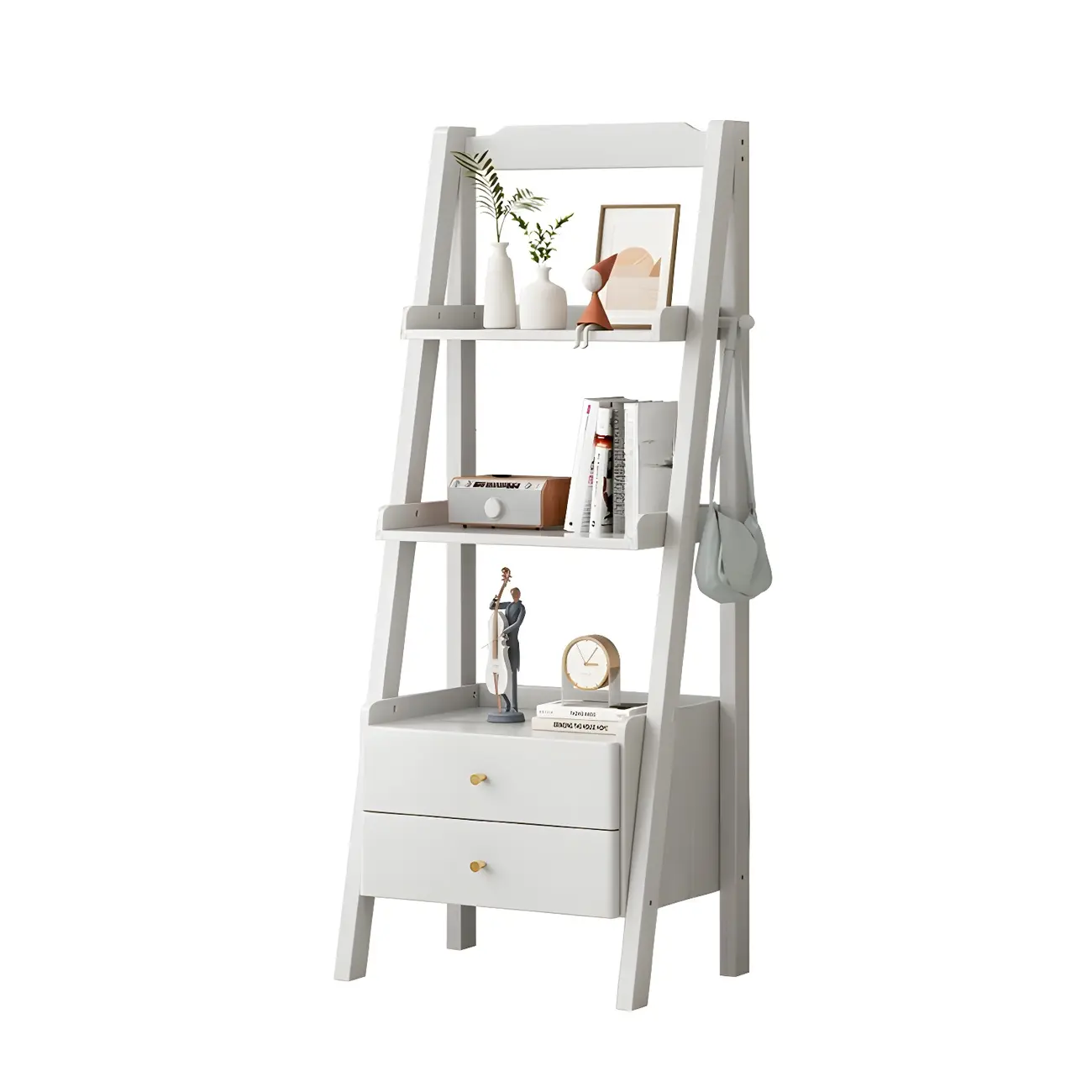 3-Tier Nut-Brown Wood Ladder Open Bookcase with Drawers Image - 8 | homeyfad