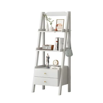 3-Tier Nut-Brown Wood Ladder Open Bookcase with Drawers Image - 8