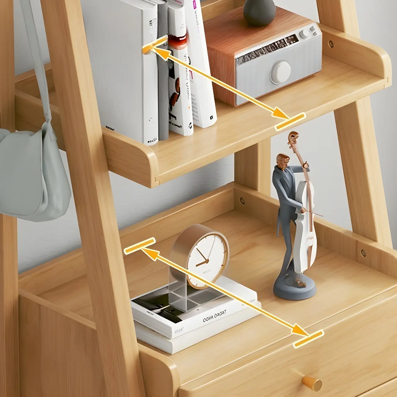 3-Tier Nut-Brown Wood Ladder Open Bookcase with Drawers Image - 10 | homeyfad