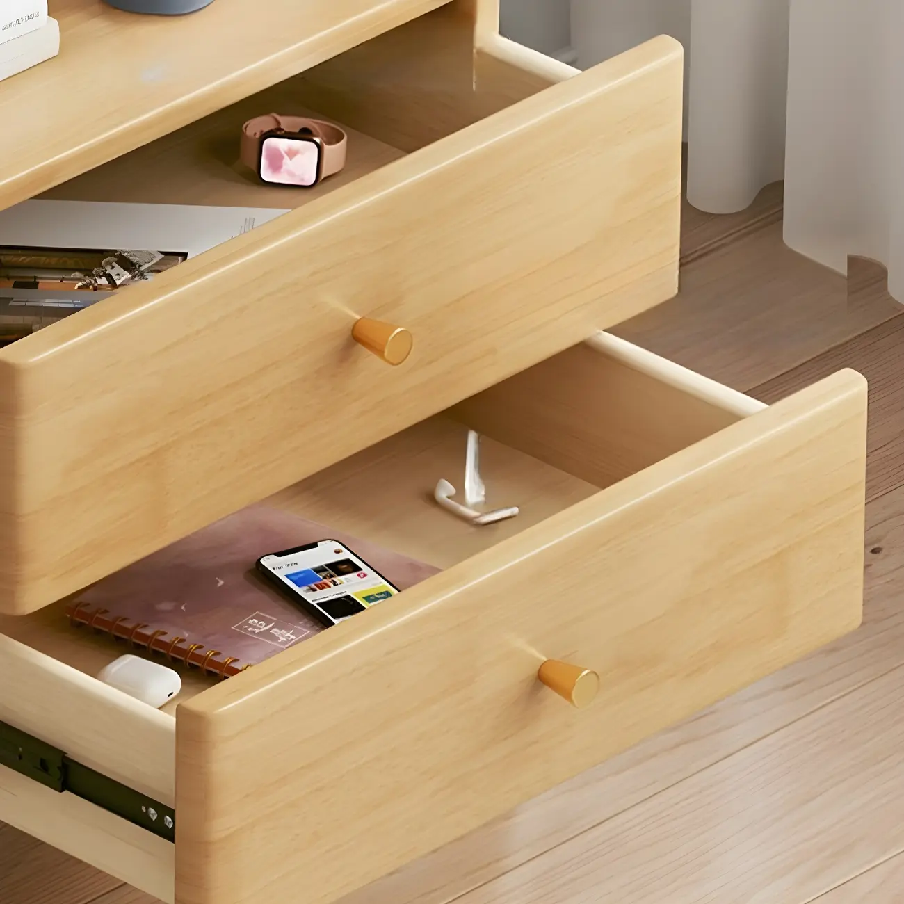 3-Tier Nut-Brown Wood Ladder Open Bookcase with Drawers Image - 14 | homeyfad