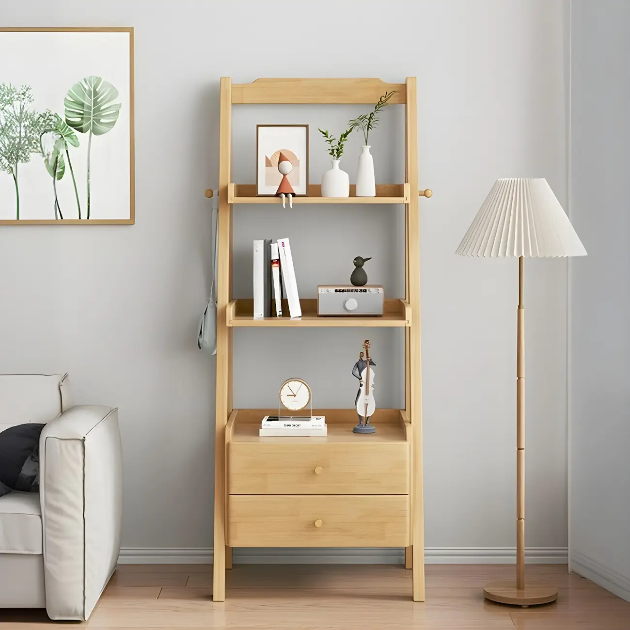 3-Tier Nut-Brown Wood Ladder Open Bookcase with Drawers Image - 17 | homeyfad