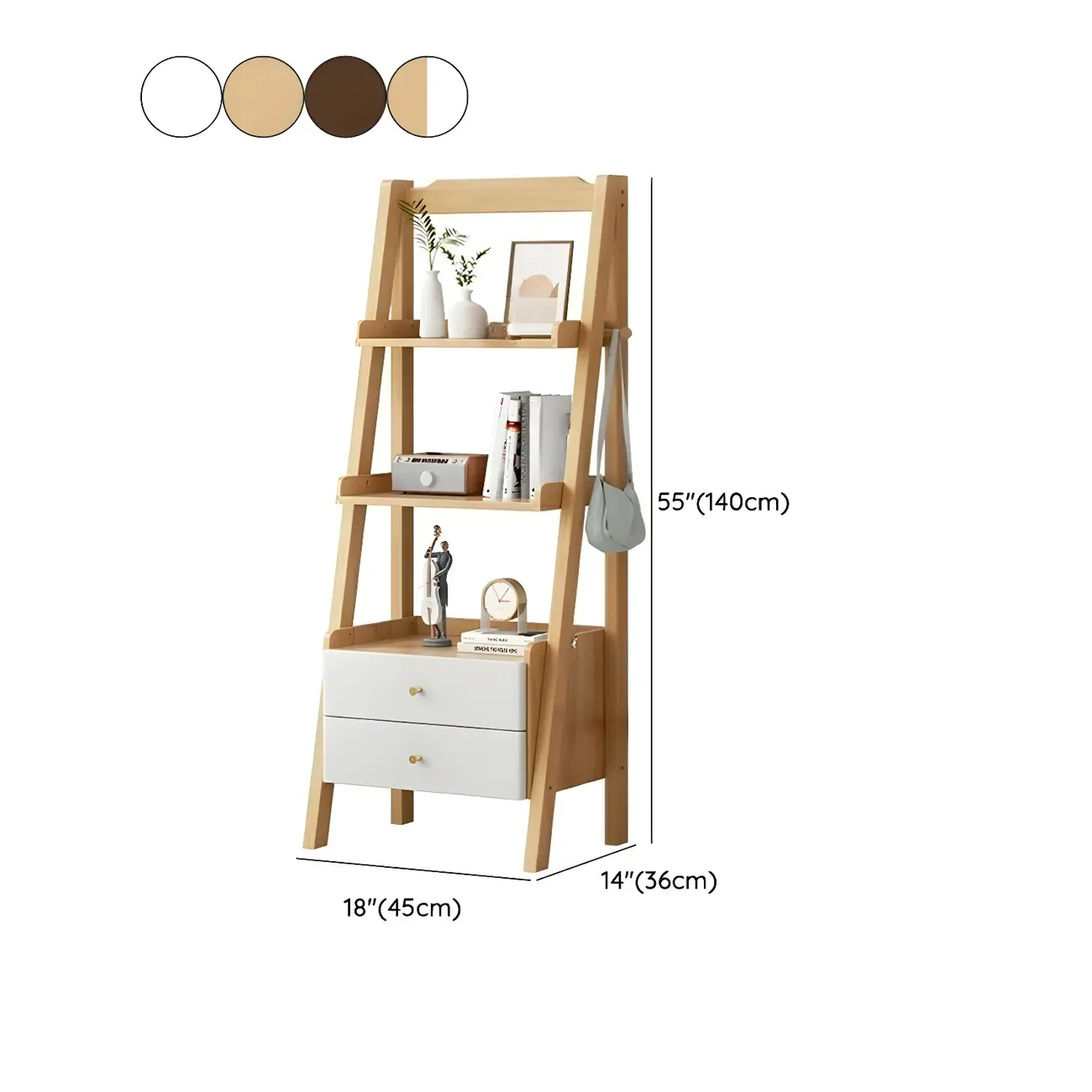 3-Tier Nut-Brown Wood Ladder Open Bookcase with Drawers #size