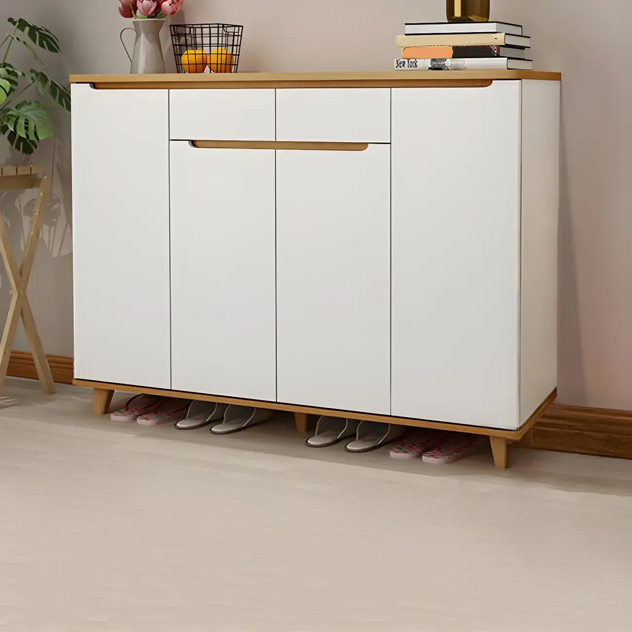 Entryway White Solid Wood Shoe Storage Cabinet Image - 2