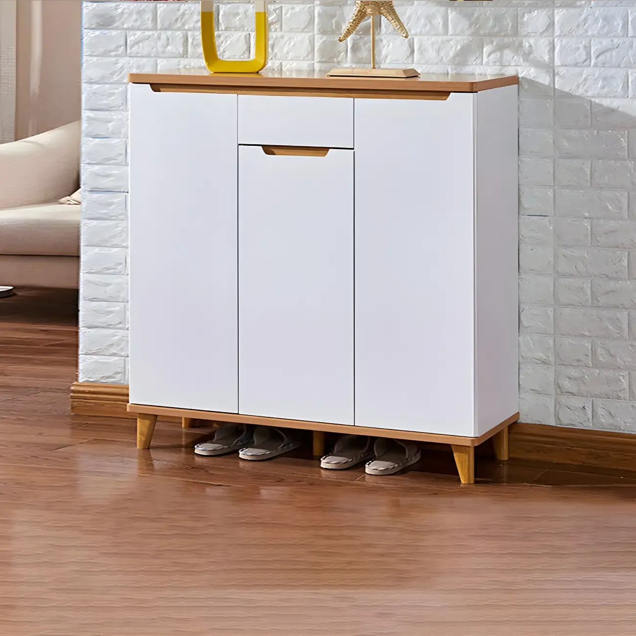 Entryway White Solid Wood Shoe Storage Cabinet Image - 5